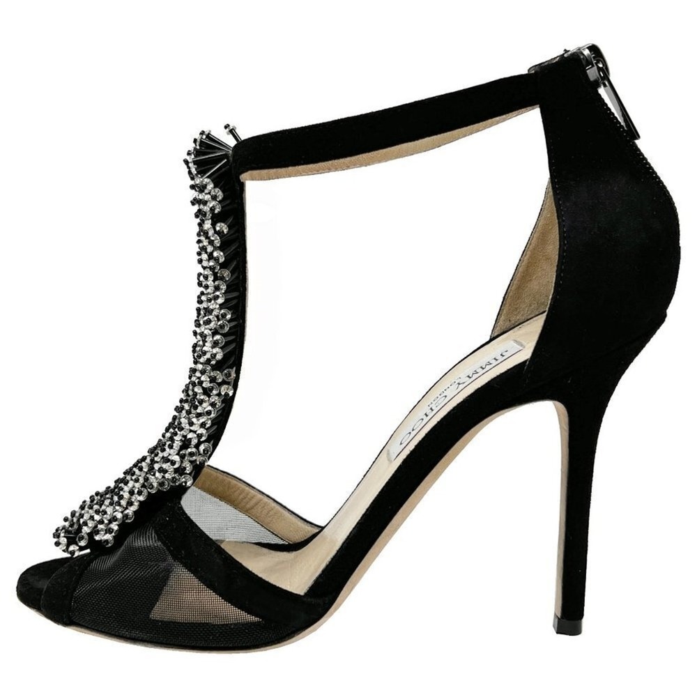 Jimmy Choo Crystal‎ Fringe Mesh T Strap Heels Black Suede 39 - Picture 3 of 9